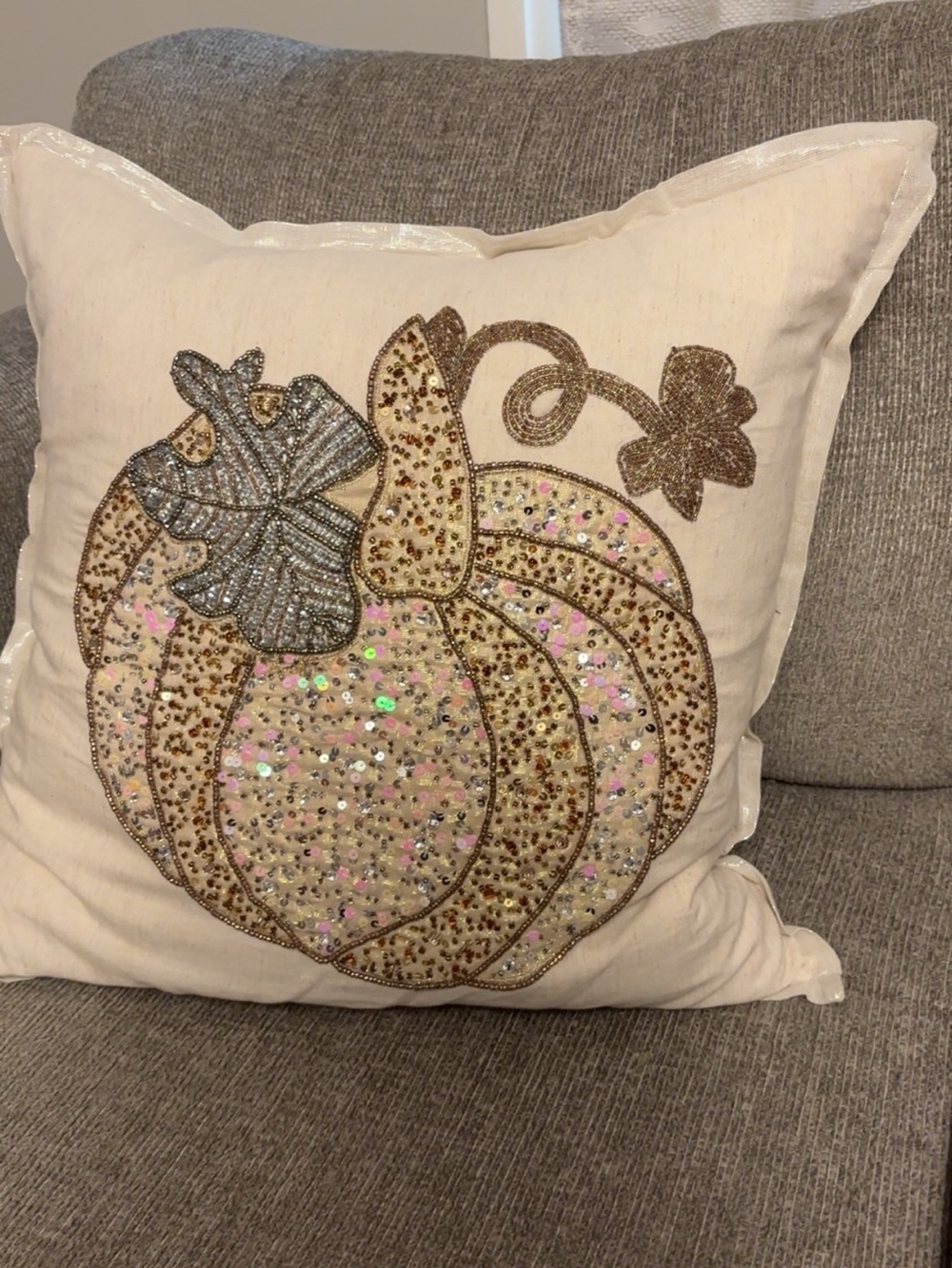 Sequin Embellished Pumpkin Holiday Pillow - Cream and Gold
